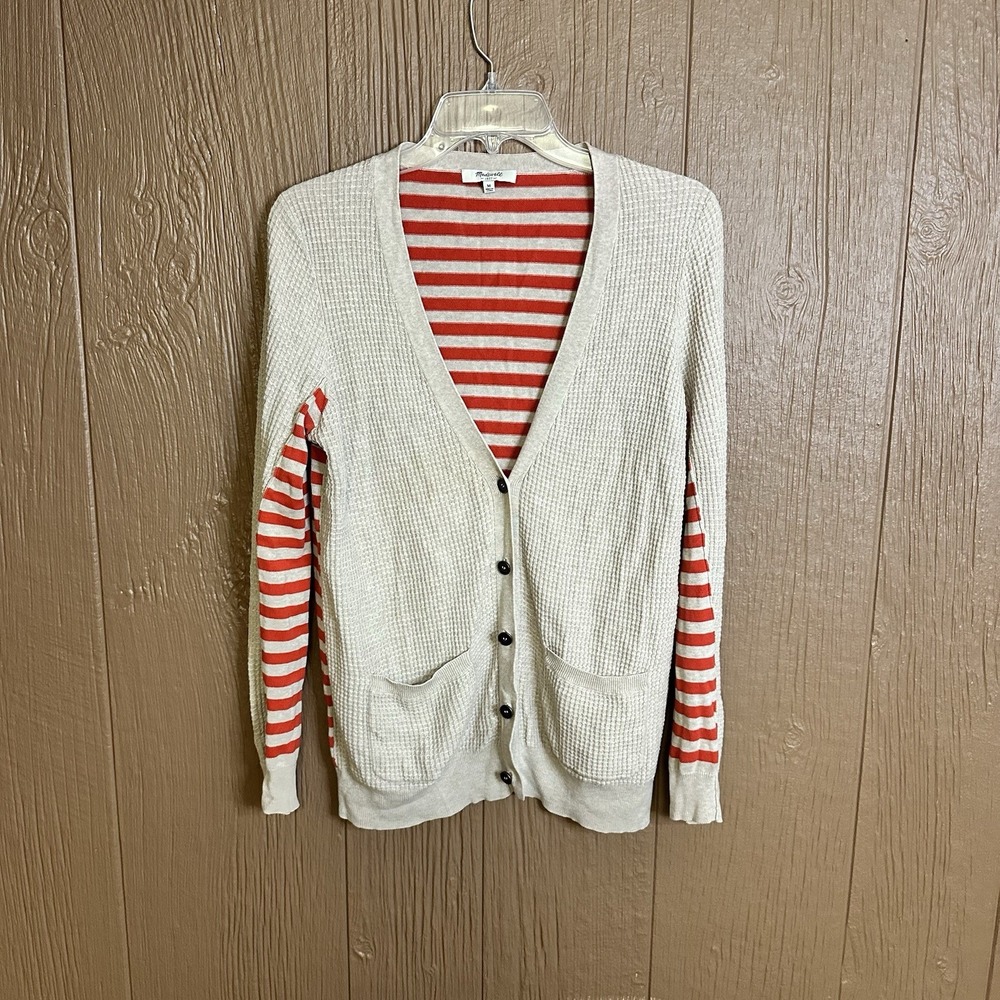 Madewell Striped Button Up Open Front Cardigan Size Medium‎ Cotton Orange Beige